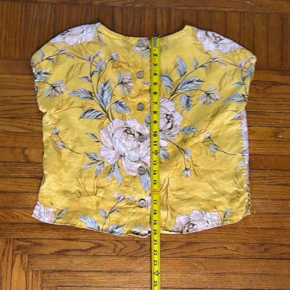 Nicole Miller Yellow Floral 100% Linen Button Back Top XS Cottage Lagenlook Chic - Picture 8 of 10